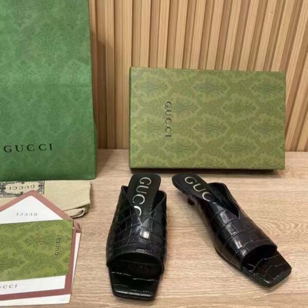 Gucci Women GG Crocodile Print Pump Black Square Toe Mid Heel (3)