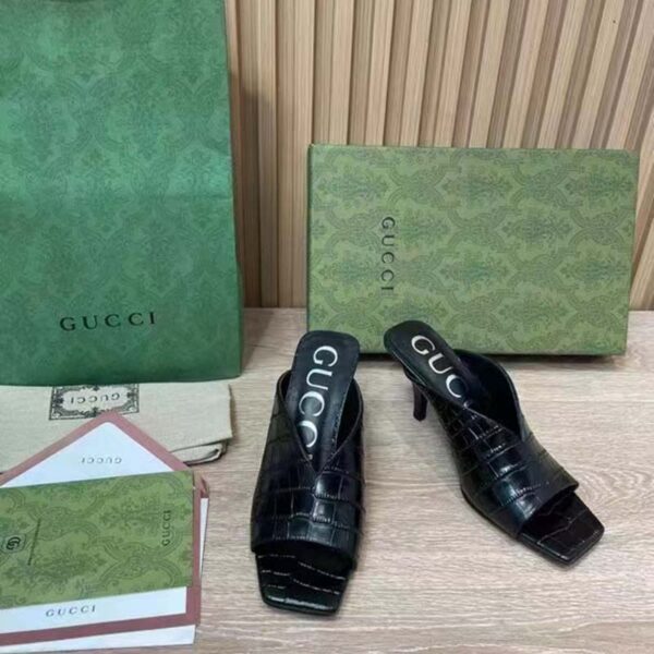 Gucci Women GG Crocodile Print Pump Black Square Toe Mid Heel (4)