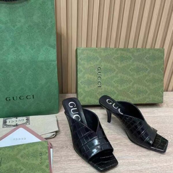 Gucci Women GG Crocodile Print Pump Black Square Toe Mid Heel (9)
