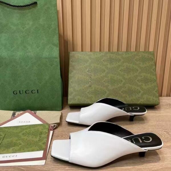 Gucci Women GG Low Heel Sandal White leather Square Toe (1)