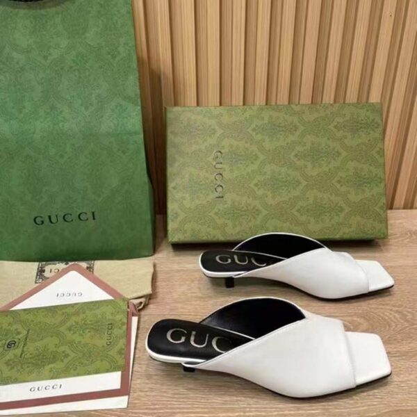 Gucci Women GG Low Heel Sandal White leather Square Toe (2)