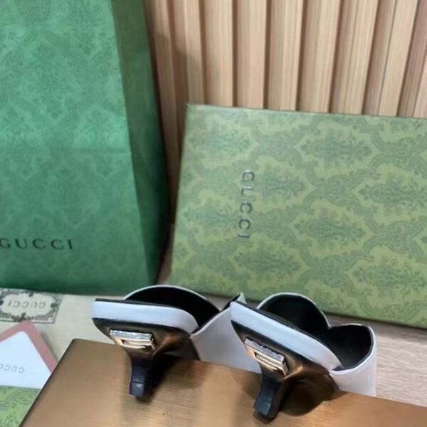 Gucci Women GG Low Heel Sandal White leather Square Toe (7)
