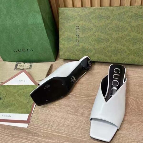 Gucci Women GG Low Heel Sandal White leather Square Toe (8)
