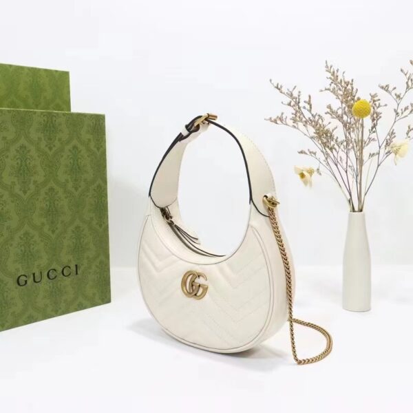 Gucci Women GG Marmont Half-Moon-Shaped Mini Bag White Matelassé Chevron (8)