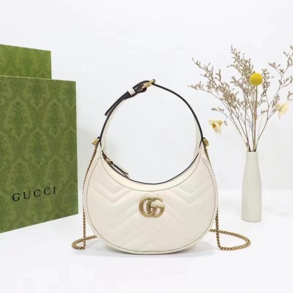 Gucci Women GG Marmont Half-Moon-Shaped Mini Bag White Matelassé Chevron (9)