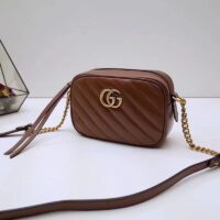 Gucci Women GG Marmont Mini Shoulder Bag Brown Matelassé Leather Double G (2)