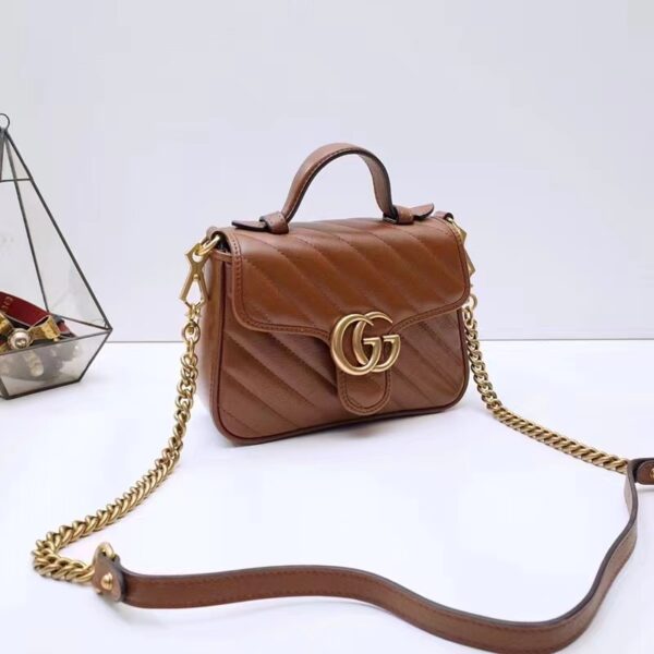 Gucci Women GG Marmont Mini Top Handle Bag Brown Matelassé Leather (10)