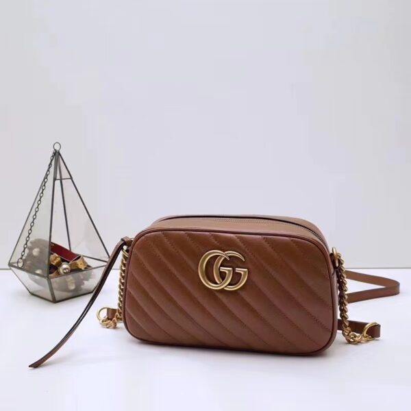 Gucci Women GG Marmont Small Matelassé Shoulder Bag Brown Leather Double G (1)