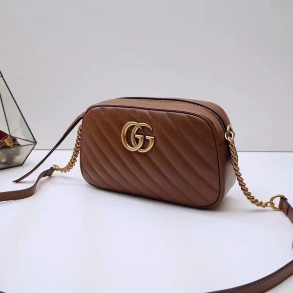 Gucci Women GG Marmont Small Matelassé Shoulder Bag Brown Leather Double G (6)