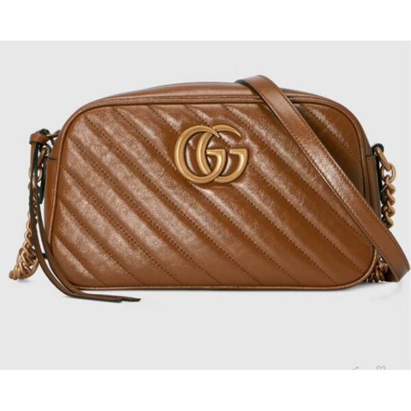 Gucci Women GG Marmont Small Matelassé Shoulder Bag Brown Leather Double G (7)