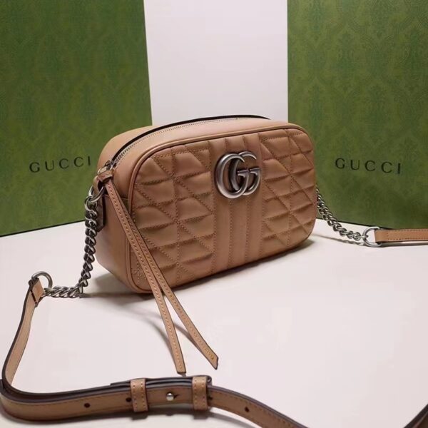 Gucci Women GG Marmont Small Shoulder Bag Beige Matelassé Leather (9)