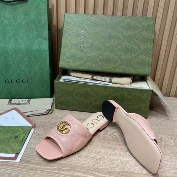 Gucci Women GG Matelassé Slide Sandal Beige Double G Square Toe Flat (1)