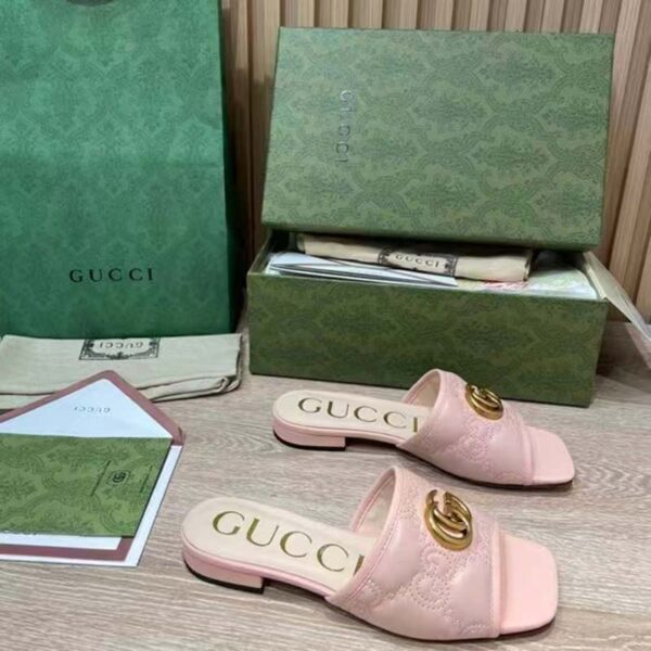 Gucci Women GG Matelassé Slide Sandal Beige Double G Square Toe Flat (3)