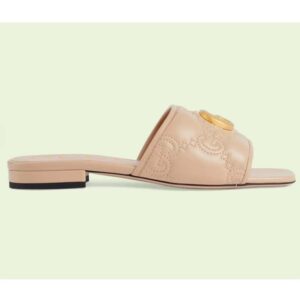 Gucci Women GG Matelassé Slide Sandal Beige Double G Square Toe Flat