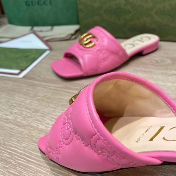 Gucci Women GG Matelassé Slide Sandal Bright Pink Double G Square Toe Flat (1)