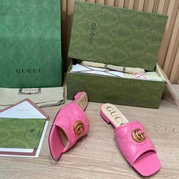 Gucci Women GG Matelassé Slide Sandal Bright Pink Double G Square Toe Flat (10)