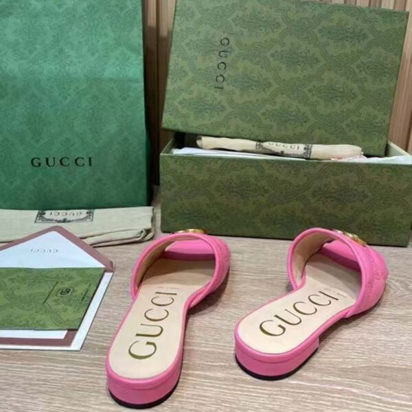 Gucci Women GG Matelassé Slide Sandal Bright Pink Double G Square Toe Flat (2)
