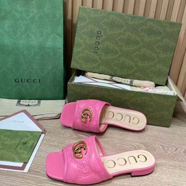Gucci Women GG Matelassé Slide Sandal Bright Pink Double G Square Toe Flat (3)
