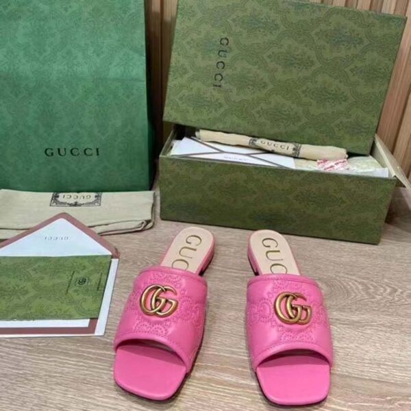 Gucci Women GG Matelassé Slide Sandal Bright Pink Double G Square Toe Flat (4)
