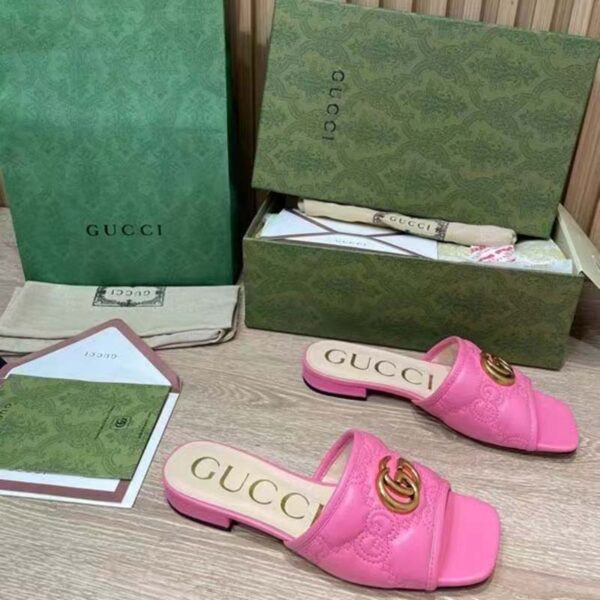 Gucci Women GG Matelassé Slide Sandal Bright Pink Double G Square Toe Flat (5)