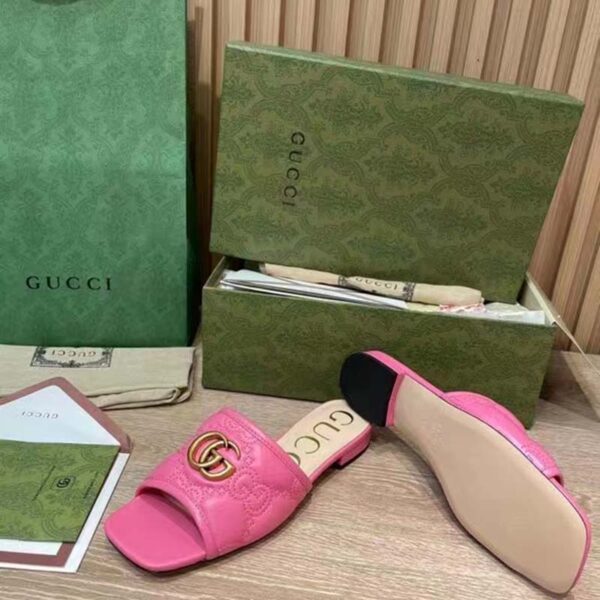 Gucci Women GG Matelassé Slide Sandal Bright Pink Double G Square Toe Flat (6)