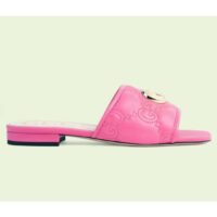 Gucci Women GG Matelassé Slide Sandal Bright Pink Double G Square Toe Flat (7)