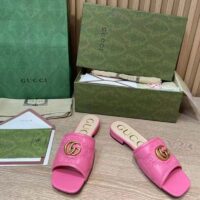 Gucci Women GG Matelassé Slide Sandal Bright Pink Double G Square Toe Flat (7)