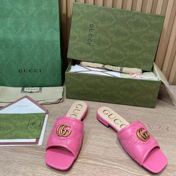 Gucci Women GG Matelassé Slide Sandal Bright Pink Double G Square Toe Flat (8)