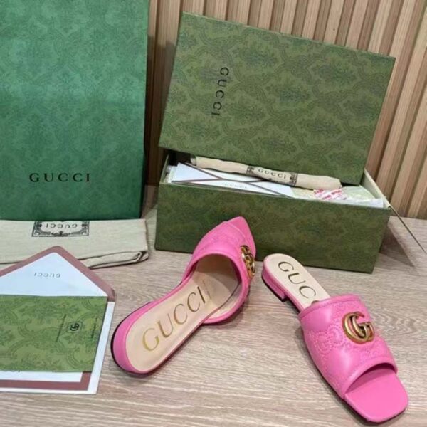 Gucci Women GG Matelassé Slide Sandal Bright Pink Double G Square Toe Flat (9)