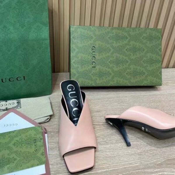 Gucci Women GG Mid-Heel Open Toe Pump Light Pink Leather Square Toe (2)