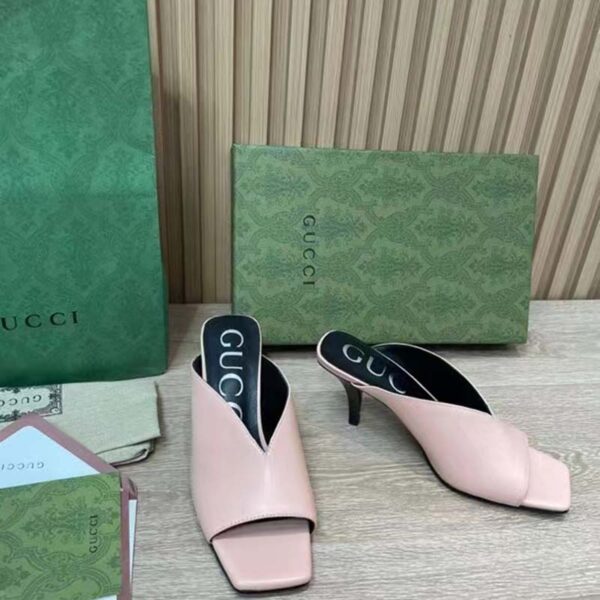Gucci Women GG Mid-Heel Open Toe Pump Light Pink Leather Square Toe (3)