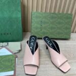 Gucci Women GG Mid-Heel Open Toe Pump Light Pink Leather Square Toe - Imagen 4