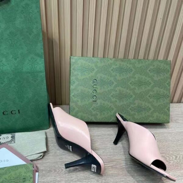 Gucci Women GG Mid-Heel Open Toe Pump Light Pink Leather Square Toe (8)