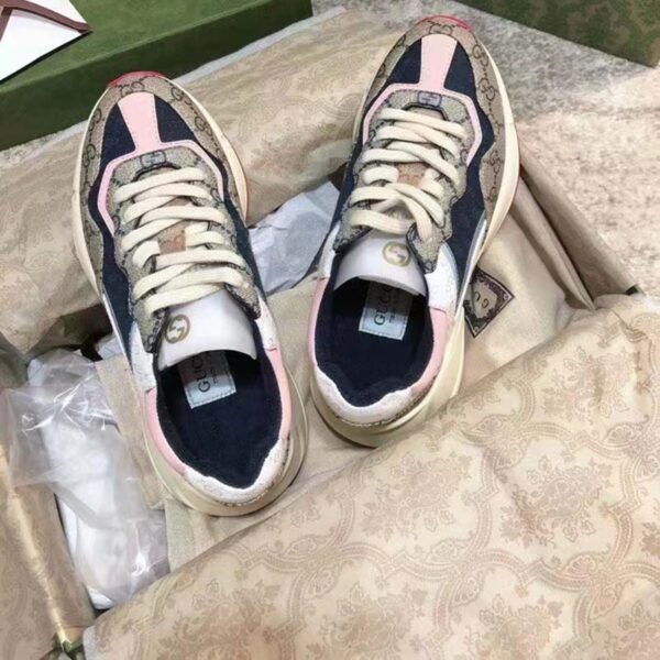 Gucci Women GG Rhyton Sneaker Beige Ebony Blue Supreme Canvas Low 4 cm Heel (4)