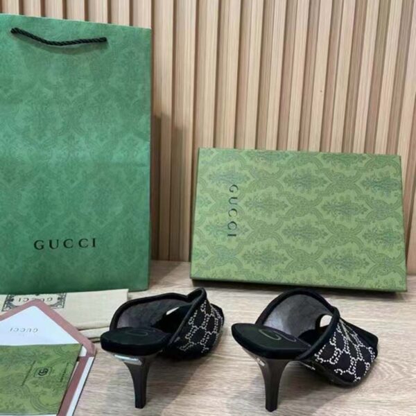 Gucci Women GG Sandal Black Mesh GG Crystals Square Toe Mid-Heel (1)