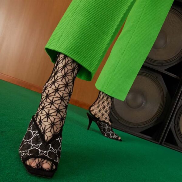 Gucci Women GG Sandal Pump Black Mesh GG Crystals Mid 8 cm Heel (1)