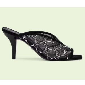 Gucci Women GG Sandal Pump Black Mesh GG Crystals Mid 8 cm Heel