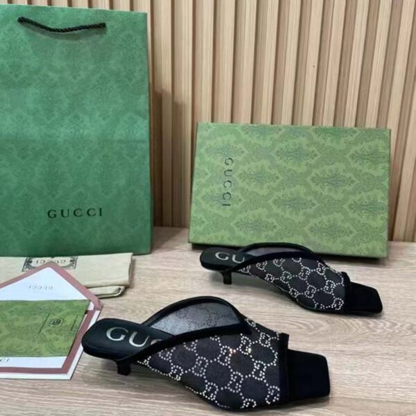 Gucci Women GG Slingback Pump Black Mesh GG Crystals Low 4 cm Heel (5)