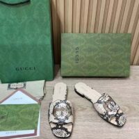 Gucci Women Interlocking G Cut Out Slide Sandal Beige Black Python Print Leather Flat (1)