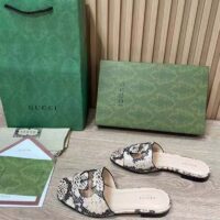 Gucci Women Interlocking G Cut Out Slide Sandal Beige Black Python Print Leather Flat (1)