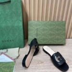 Gucci Women Interlocking G Cut Out Slide Sandal Black Leather Flat – Image 8