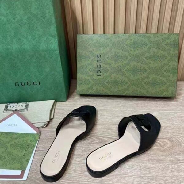 Gucci Women Interlocking G Cut Out Slide Sandal Black Leather Flat (10)
