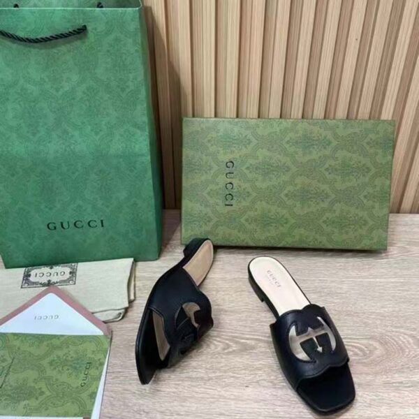 Gucci Women Interlocking G Cut Out Slide Sandal Black Leather Flat (2)