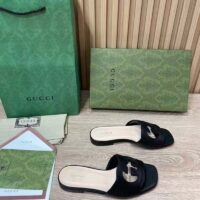 Gucci Women Interlocking G Cut Out Slide Sandal Black Leather Flat (7)
