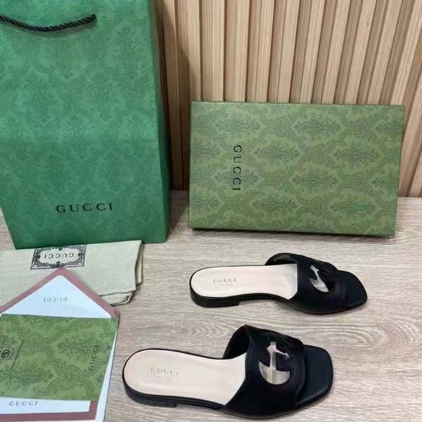 Gucci Women Interlocking G Cut Out Slide Sandal Black Leather Flat (3)