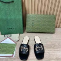 Gucci Women Interlocking G Cut Out Slide Sandal Black Leather Flat (7)
