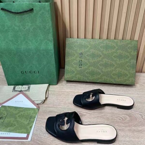 Gucci Women Interlocking G Cut Out Slide Sandal Black Leather Flat (5)
