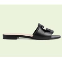 Gucci Women Interlocking G Cut Out Slide Sandal Black Leather Flat