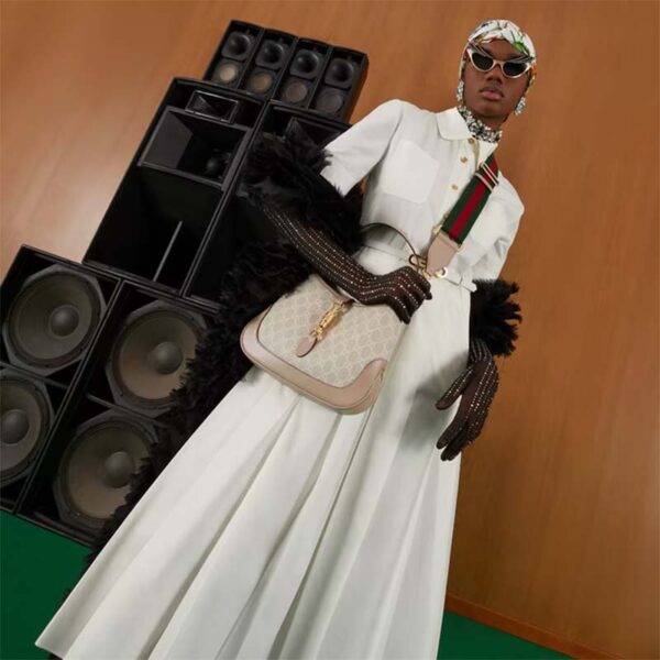Gucci Women Jackie 1961 Small GG Shoulder Bag Beige White Supreme Canvas