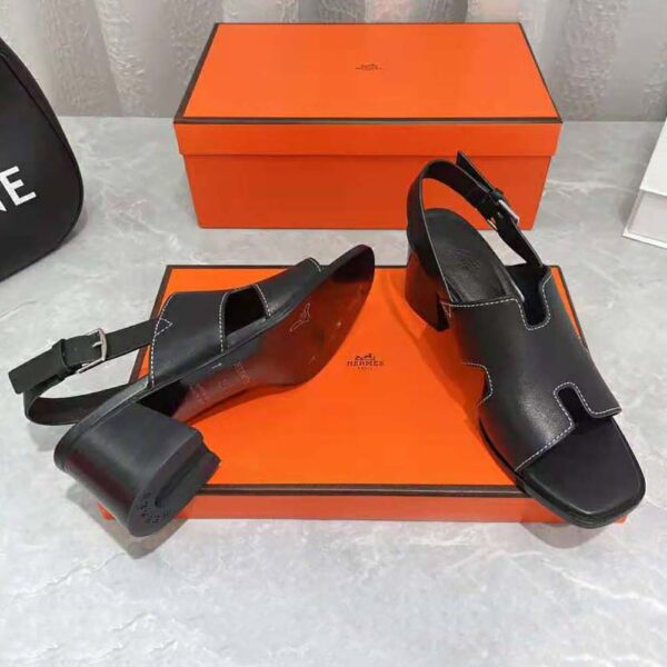 Hermes Women Elbe 60 Sandal in Calfskin Leather-Black (9)